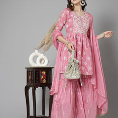 Stylum Women's Printed & Embroidered Chanderi Cotton Kurta Sharara Dupatta Set (KSDKASATAPINK)