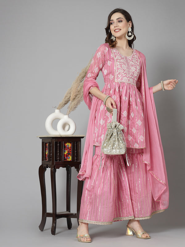 Stylum Women's Printed & Embroidered Chanderi Cotton Kurta Sharara Dupatta Set (KSDKASATAPINK)