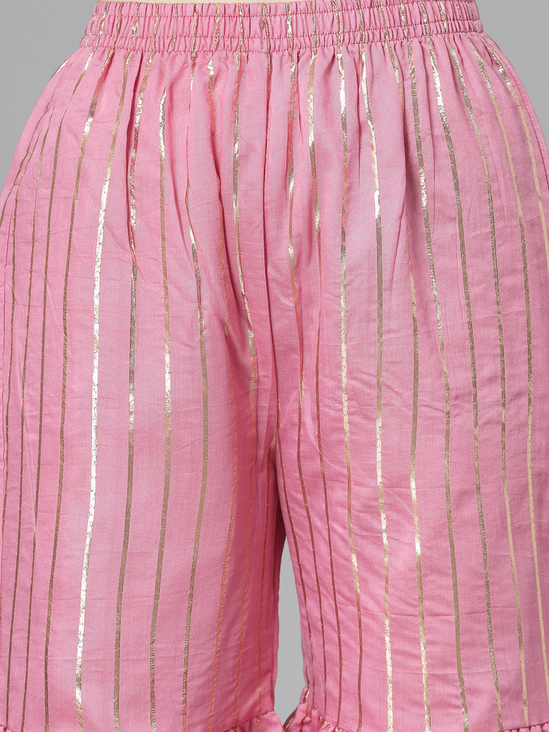 Stylum Women's Printed & Embroidered Chanderi Cotton Kurta Sharara Dupatta Set (KSDKASATAPINK)