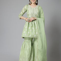 Stylum Women's Printed & Embroidered Chanderi Cotton Kurta Sharara Dupatta Set (KSDKASATA)