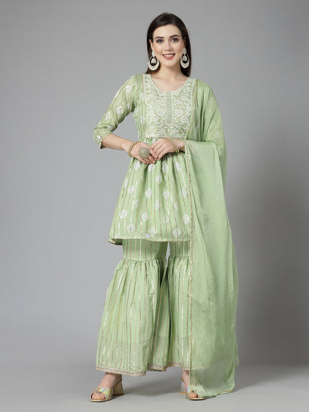 Stylum Women's Printed & Embroidered Chanderi Cotton Kurta Sharara Dupatta Set (KSDKASATA)