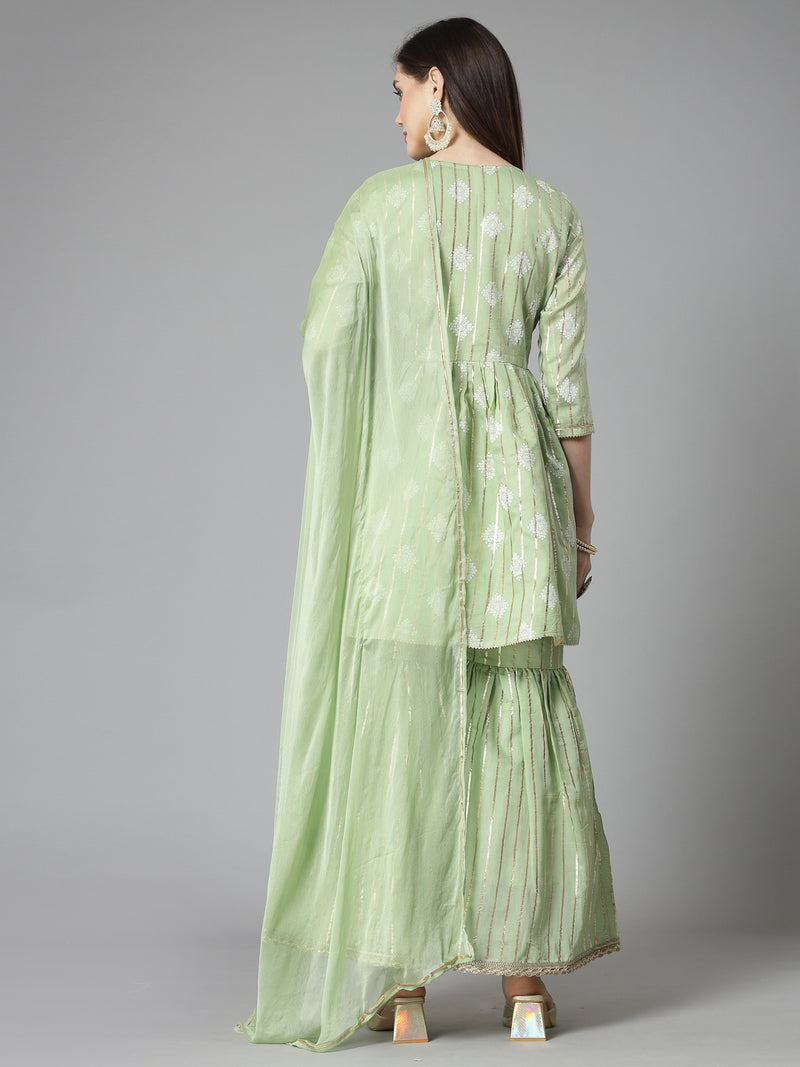 Stylum Women's Printed & Embroidered Chanderi Cotton Kurta Sharara Dupatta Set (KSDKASATA)