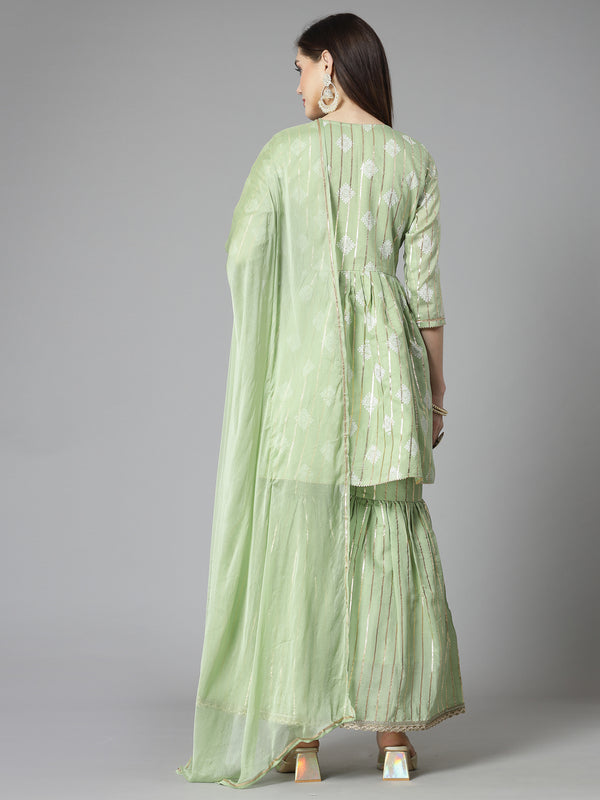 Stylum Women's Printed & Embroidered Chanderi Cotton Kurta Sharara Dupatta Set (KSDKASATA)