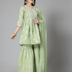 Stylum Women's Printed & Embroidered Chanderi Cotton Kurta Sharara Dupatta Set (KSDKASATA)