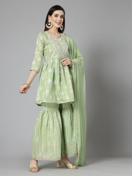 Stylum Women's Printed & Embroidered Chanderi Cotton Kurta Sharara Dupatta Set (KSDKASATA)