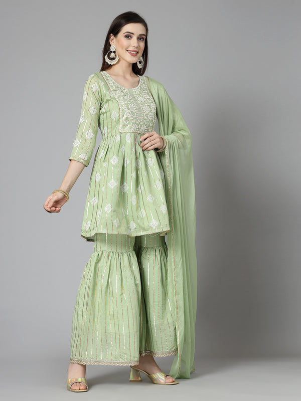 Stylum Women's Printed & Embroidered Chanderi Cotton Kurta Sharara Dupatta Set (KSDKASATA)