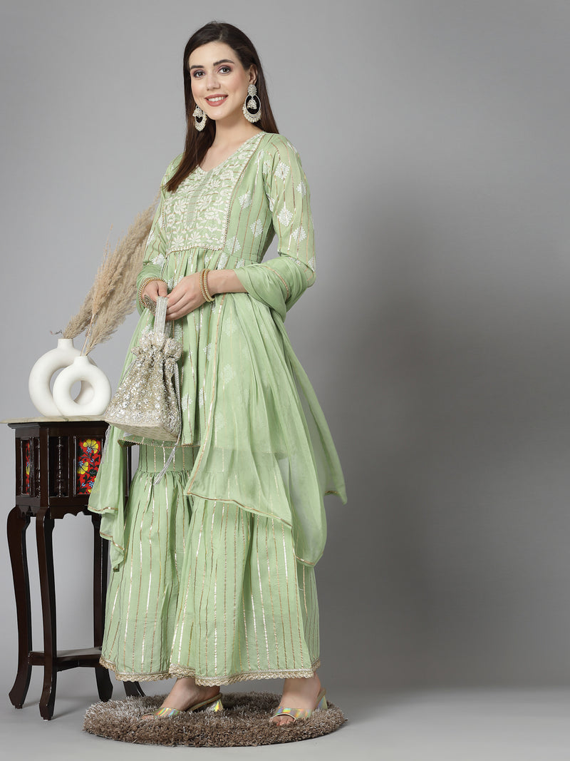 Stylum Women's Printed & Embroidered Chanderi Cotton Kurta Sharara Dupatta Set (KSDKASATA)