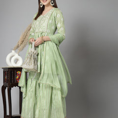 Stylum Women's Printed & Embroidered Chanderi Cotton Kurta Sharara Dupatta Set (KSDKASATA)