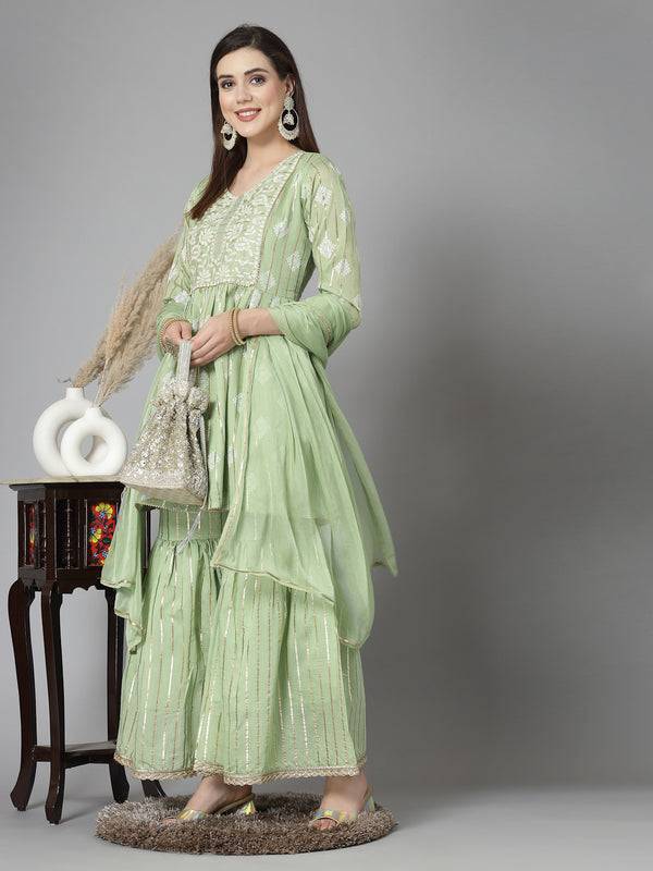 Stylum Women's Printed & Embroidered Chanderi Cotton Kurta Sharara Dupatta Set (KSDKASATA)