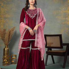 Stylum Women's Magenta Solid & Embroidered Velvet Straight Short Kurta Sharara Dupatta Set (KSDMAGENTASANA)