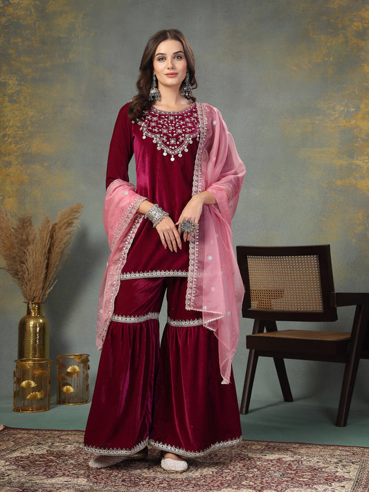 Stylum Women's Magenta Solid & Embroidered Velvet Straight Short Kurta Sharara Dupatta Set (KSDMAGENTASANA)