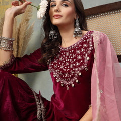 Stylum Women's Magenta Solid & Embroidered Velvet Straight Short Kurta Sharara Dupatta Set (KSDMAGENTASANA)