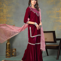 Stylum Women's Magenta Solid & Embroidered Velvet Straight Short Kurta Sharara Dupatta Set (KSDMAGENTASANA)