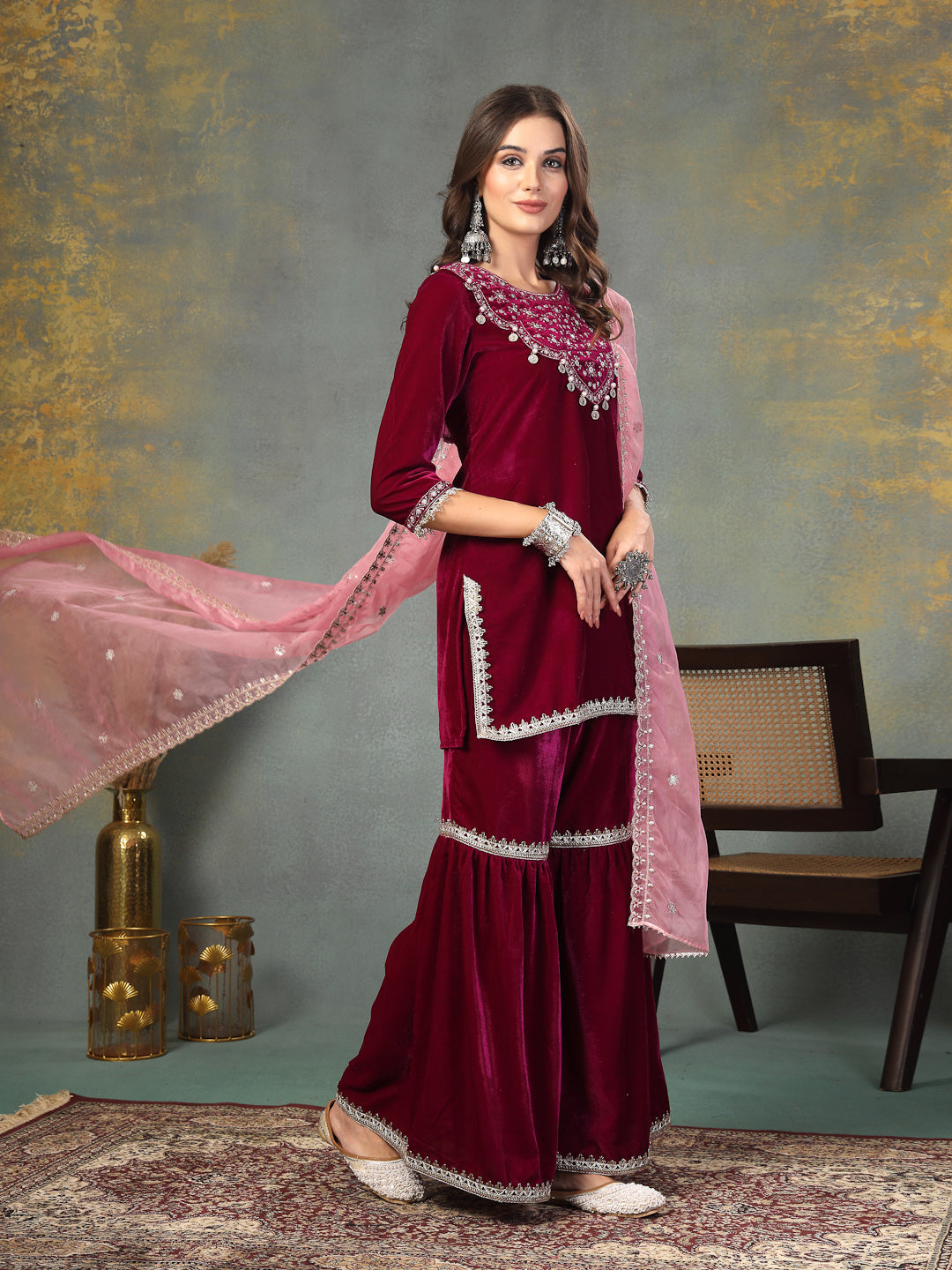 Stylum Women's Magenta Solid & Embroidered Velvet Straight Short Kurta Sharara Dupatta Set (KSDMAGENTASANA)