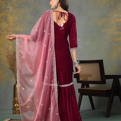 Stylum Women's Magenta Solid & Embroidered Velvet Straight Short Kurta Sharara Dupatta Set (KSDMAGENTASANA)