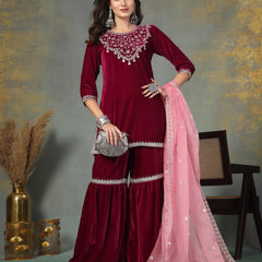 Stylum Women's Magenta Solid & Embroidered Velvet Straight Short Kurta Sharara Dupatta Set (KSDMAGENTASANA)