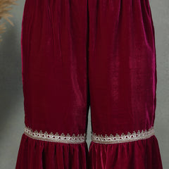 Stylum Women's Magenta Solid & Embroidered Velvet Straight Short Kurta Sharara Dupatta Set (KSDMAGENTASANA)