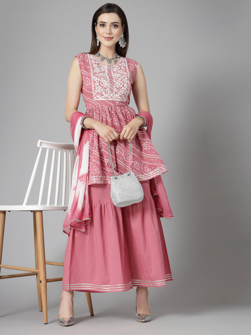 Stylum Women's Bandhej Printed & Embroidered Cotton Kurta Sharara Dupatta Set (KSDMORJIM)