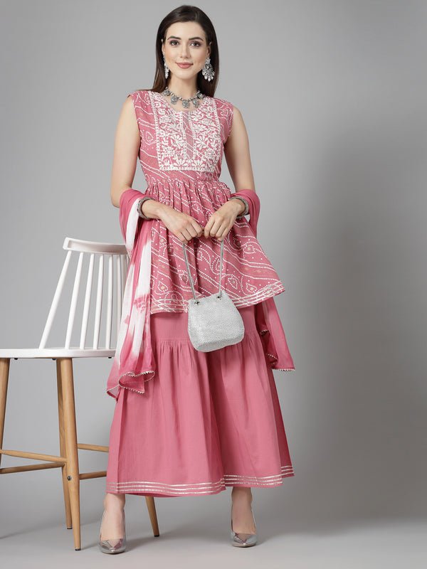 Stylum Women's Bandhej Printed & Embroidered Cotton Kurta Sharara Dupatta Set (KSDMORJIM)