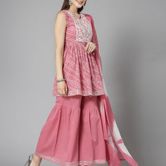 Stylum Women's Bandhej Printed & Embroidered Cotton Kurta Sharara Dupatta Set (KSDMORJIM)