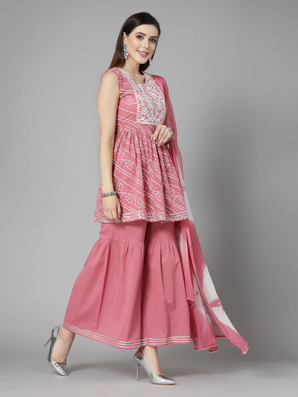 Stylum Women's Bandhej Printed & Embroidered Cotton Kurta Sharara Dupatta Set (KSDMORJIM)