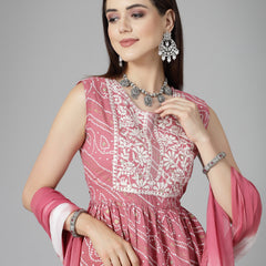 Stylum Women's Bandhej Printed & Embroidered Cotton Kurta Sharara Dupatta Set (KSDMORJIM)