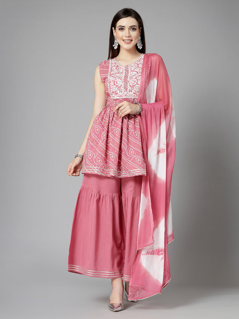 Stylum Women's Bandhej Printed & Embroidered Cotton Kurta Sharara Dupatta Set (KSDMORJIM)