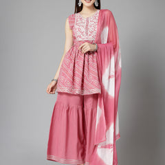 Stylum Women's Bandhej Printed & Embroidered Cotton Kurta Sharara Dupatta Set (KSDMORJIM)