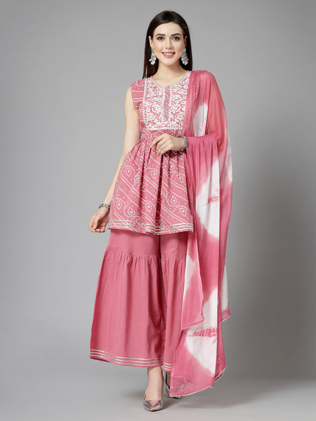 Stylum Women's Bandhej Printed & Embroidered Cotton Kurta Sharara Dupatta Set (KSDMORJIM)