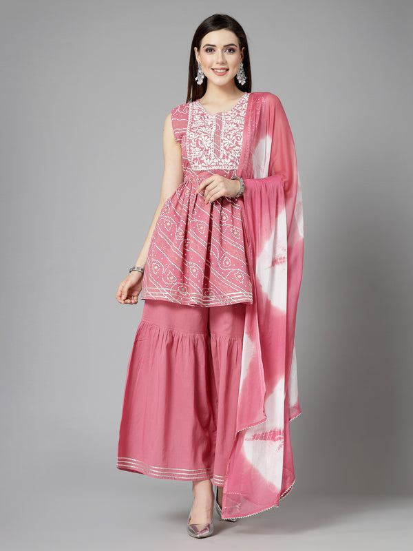 Stylum Women's Bandhej Printed & Embroidered Cotton Kurta Sharara Dupatta Set (KSDMORJIM)