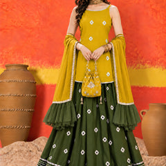 Stylum Women's Mustard Bandhani Printed Rayon Straight Short Kurti Skirt Dupatta Set (KSDMUSTAAINA)
