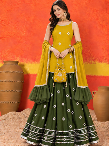 Stylum Women's Mustard Bandhani Printed Rayon Straight Short Kurti Skirt Dupatta Set (KSDMUSTAAINA)