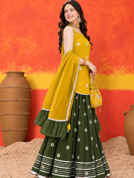 Stylum Women's Mustard Bandhani Printed Rayon Straight Short Kurti Skirt Dupatta Set (KSDMUSTAAINA)