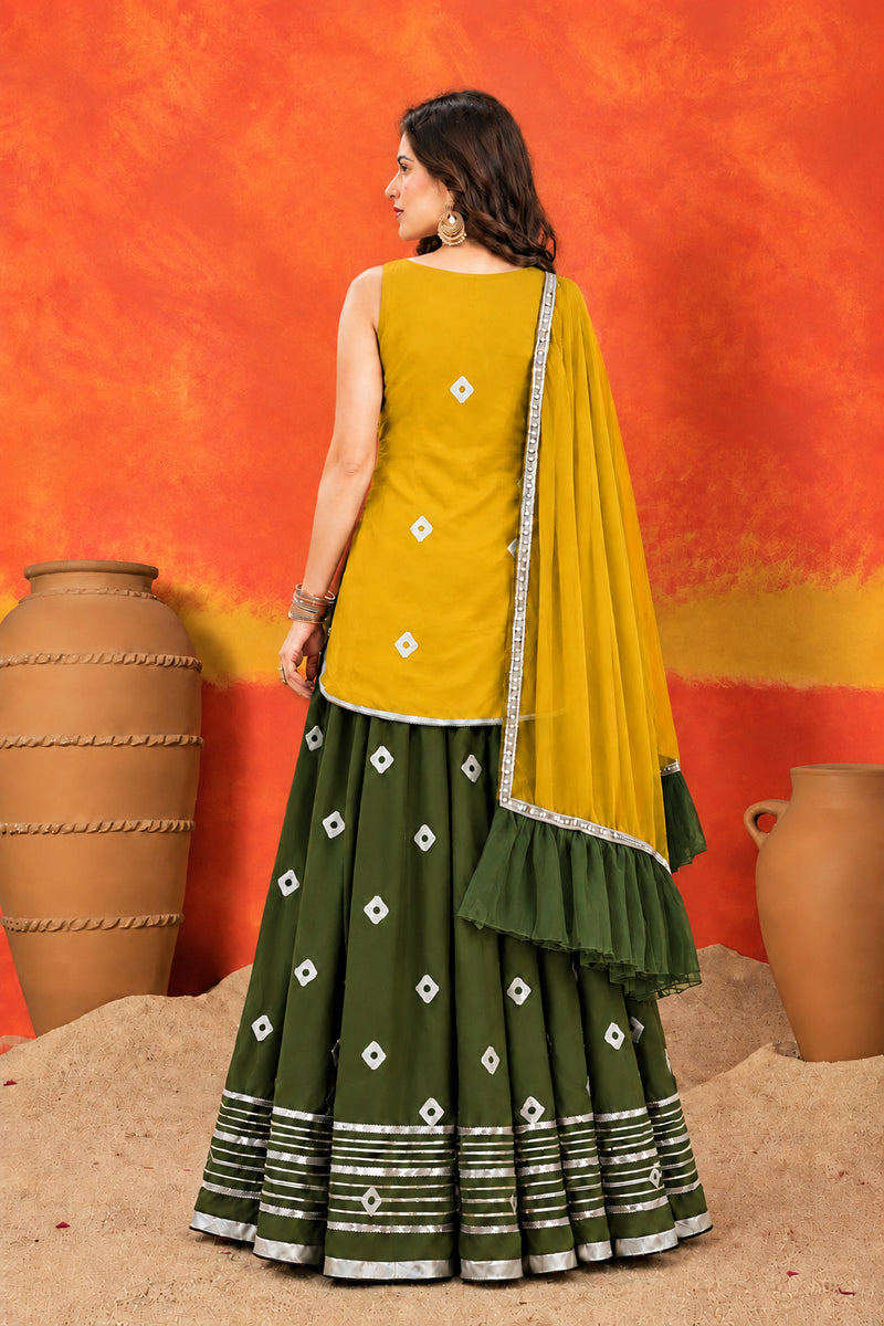 Stylum Women's Mustard Bandhani Printed Rayon Straight Short Kurti Skirt Dupatta Set (KSDMUSTAAINA)