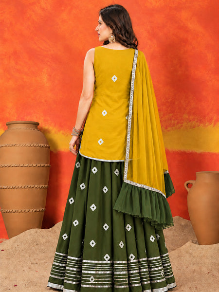 Stylum Women's Mustard Bandhani Printed Rayon Straight Short Kurti Skirt Dupatta Set (KSDMUSTAAINA)