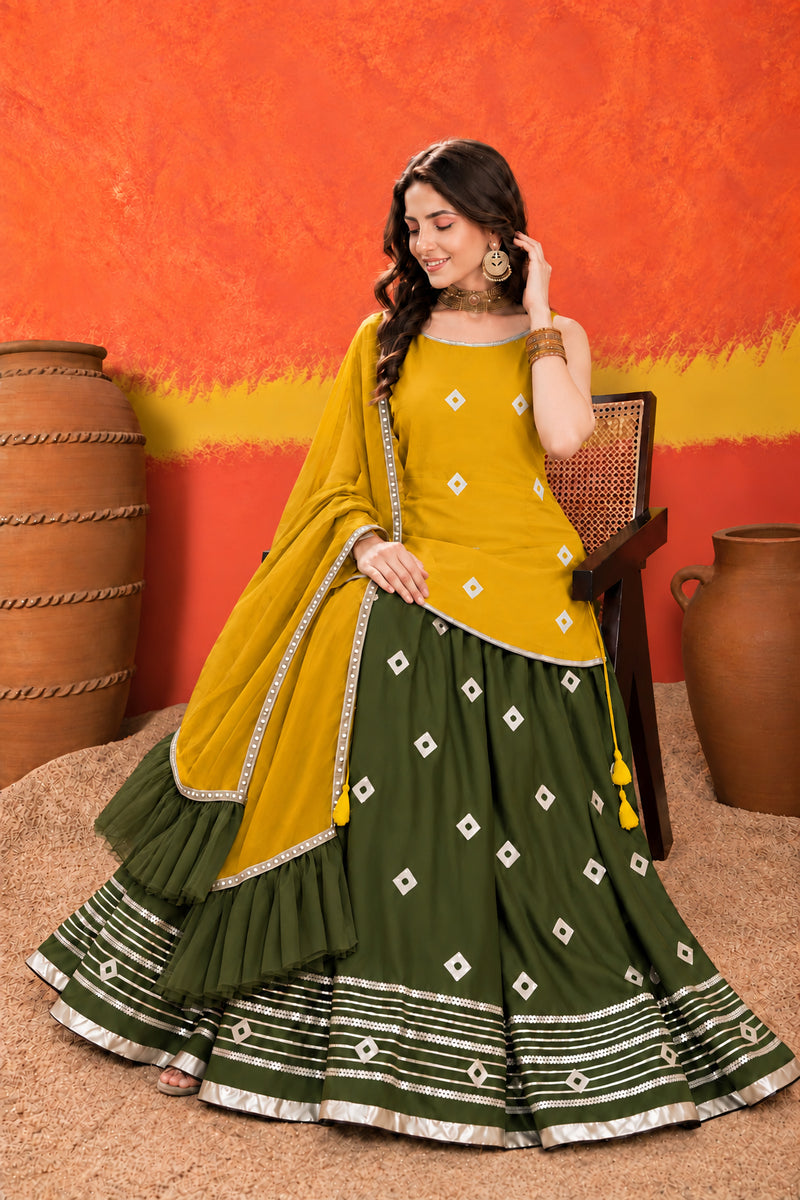 Stylum Women's Mustard Bandhani Printed Rayon Straight Short Kurti Skirt Dupatta Set (KSDMUSTAAINA)