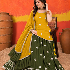 Stylum Women's Mustard Bandhani Printed Rayon Straight Short Kurti Skirt Dupatta Set (KSDMUSTAAINA)