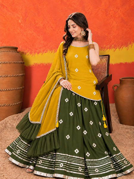 Stylum Women's Mustard Bandhani Printed Rayon Straight Short Kurti Skirt Dupatta Set (KSDMUSTAAINA)