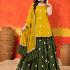 Stylum Women's Mustard Bandhani Printed Rayon Straight Short Kurti Skirt Dupatta Set (KSDMUSTAAINA)