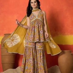 Stylum Women's Mustard Floral Printed Pure Cotton A-Line Short Kurti Sharara Dupatta Set (KSDMUSTAMBUSH)