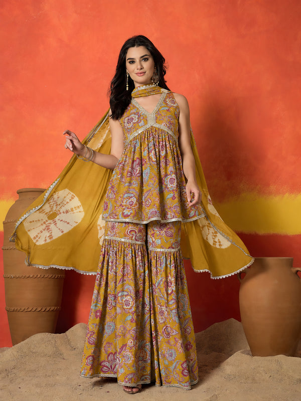 Stylum Women's Mustard Floral Printed Pure Cotton A-Line Short Kurti Sharara Dupatta Set (KSDMUSTAMBUSH)