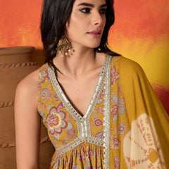 Stylum Women's Mustard Floral Printed Pure Cotton A-Line Short Kurti Sharara Dupatta Set (KSDMUSTAMBUSH)
