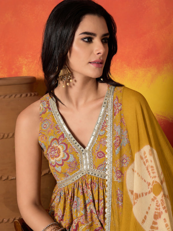 Stylum Women's Mustard Floral Printed Pure Cotton A-Line Short Kurti Sharara Dupatta Set (KSDMUSTAMBUSH)