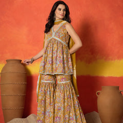 Stylum Women's Mustard Floral Printed Pure Cotton A-Line Short Kurti Sharara Dupatta Set (KSDMUSTAMBUSH)