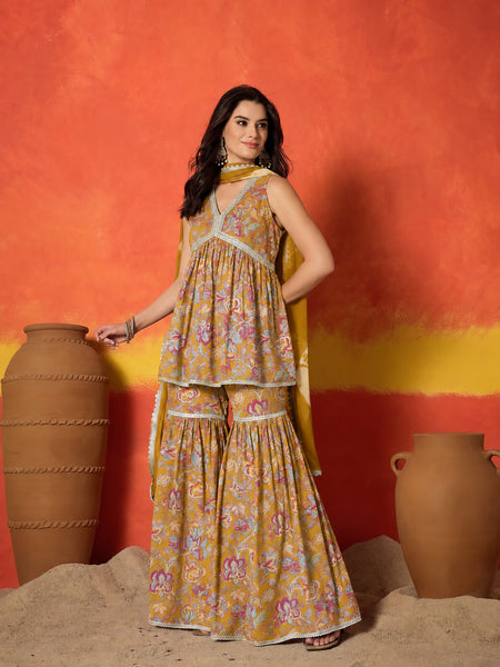 Stylum Women's Mustard Floral Printed Pure Cotton A-Line Short Kurti Sharara Dupatta Set (KSDMUSTAMBUSH)