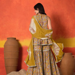 Stylum Women's Mustard Floral Printed Pure Cotton A-Line Short Kurti Sharara Dupatta Set (KSDMUSTAMBUSH)