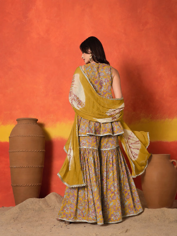 Stylum Women's Mustard Floral Printed Pure Cotton A-Line Short Kurti Sharara Dupatta Set (KSDMUSTAMBUSH)