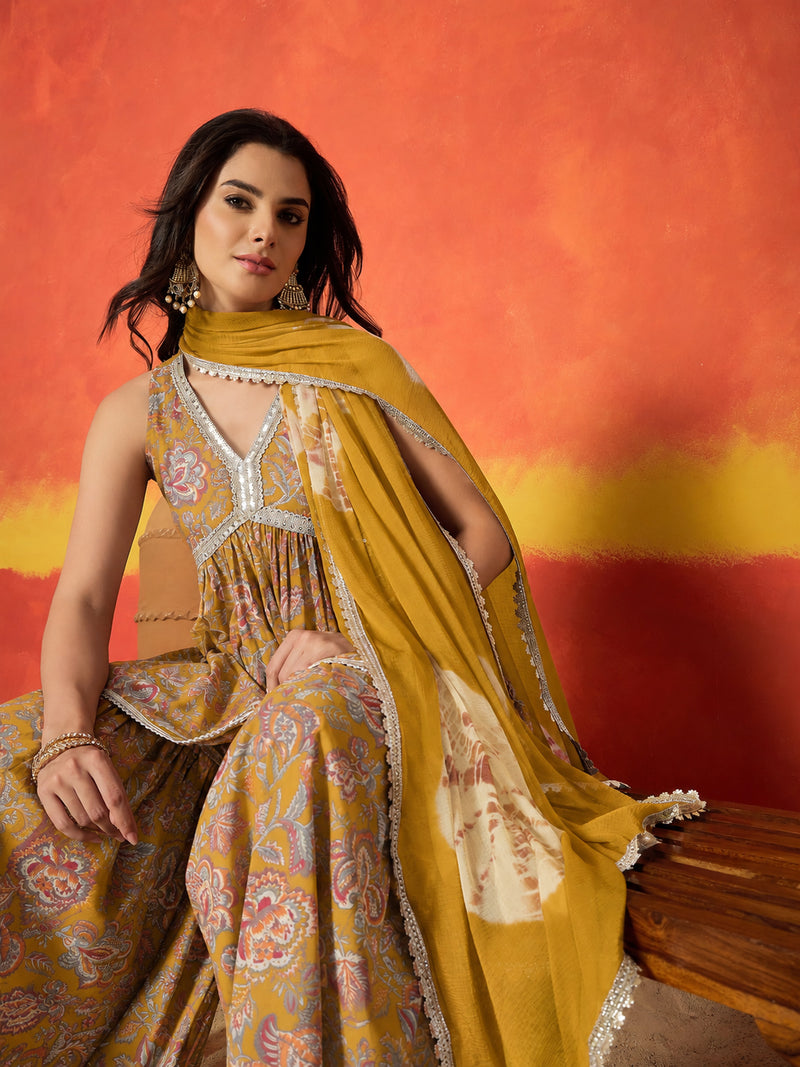 Stylum Women's Mustard Floral Printed Pure Cotton A-Line Short Kurti Sharara Dupatta Set (KSDMUSTAMBUSH)