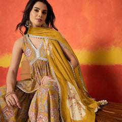 Stylum Women's Mustard Floral Printed Pure Cotton A-Line Short Kurti Sharara Dupatta Set (KSDMUSTAMBUSH)