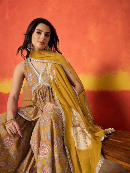 Stylum Women's Mustard Floral Printed Pure Cotton A-Line Short Kurti Sharara Dupatta Set (KSDMUSTAMBUSH)